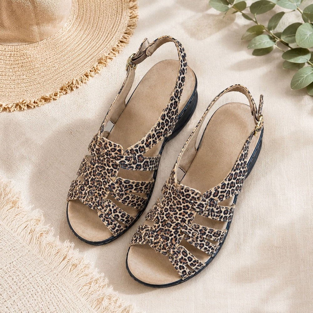 Clarks Lexi Marigold Leopard Print Suede Wedge Sandals Tan Size 6 Extra Wide